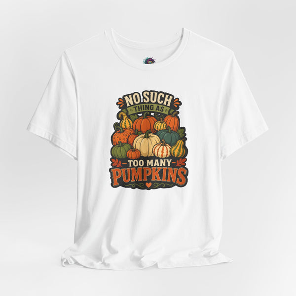 White crew-neck t-shirt with colorful pumpkin graphic and fall slogan print