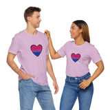 Lavender crew-neck T-shirt with heart graphic in pink and navy