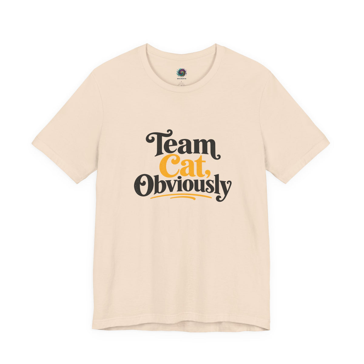 Soft cream crewneck T-shirt with 'Team Cat, Obviously' lettering graphic