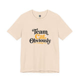 Soft cream crewneck T-shirt with 'Team Cat, Obviously' lettering graphic