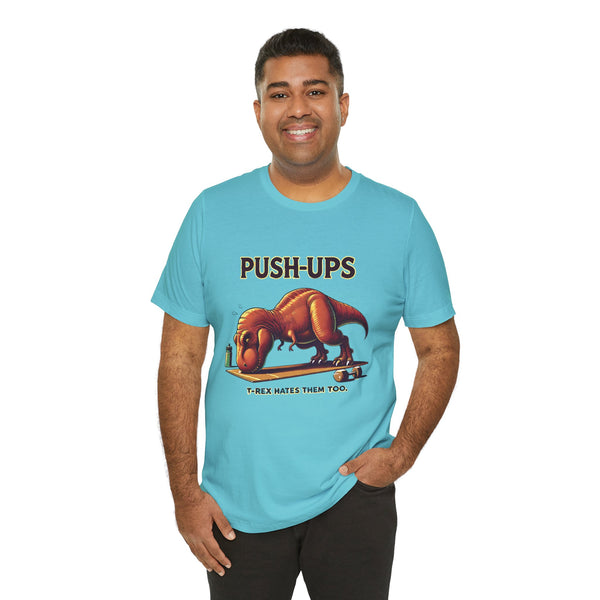 Turquoise T-shirt with T-rex 'Push-Ups' front graphic, smiling model