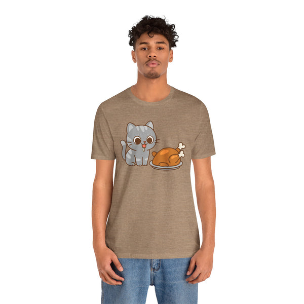 Brown crewneck cat and turkey graphic t-shirt, short sleeves, front view