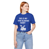 Royal blue snow-blowing T-shirt with white snowblower icon and 'snow-blowing shirt' text