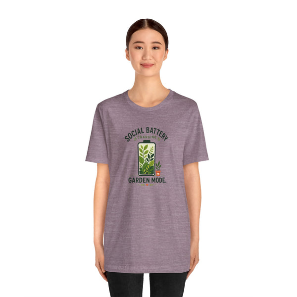 Heather mauve T-shirt with centered “Garden Mode” plant graphic and charging slogan