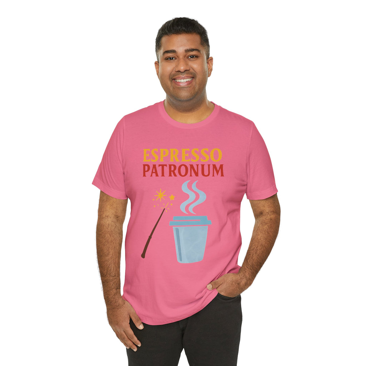 Pink crew-neck T-shirt with espresso patronum graphic, wand and steaming coffee cup