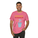 Pink crew-neck T-shirt with espresso patronum graphic, wand and steaming coffee cup