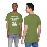 Heather green crew-neck tee with snowblower graphic and text 'This is my snow-blowing shirt'