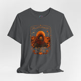 Dark gray T-shirt with crew neck, short sleeves, and orange sci-fi spice graphic