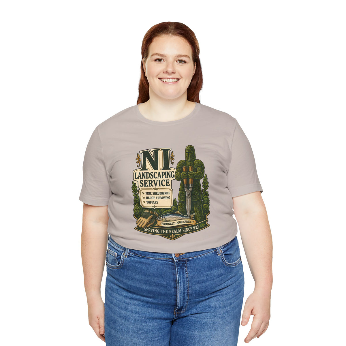 Heather gray crew-neck t-shirt with front green landscaping service emblem graphic