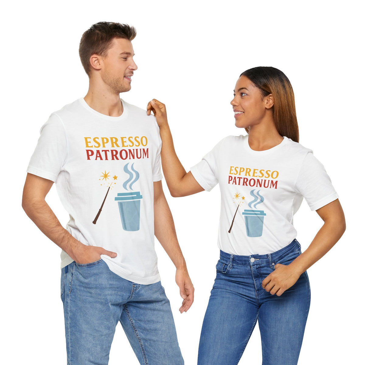 White graphic espresso-themed T-shirt with crew neck and short sleeves