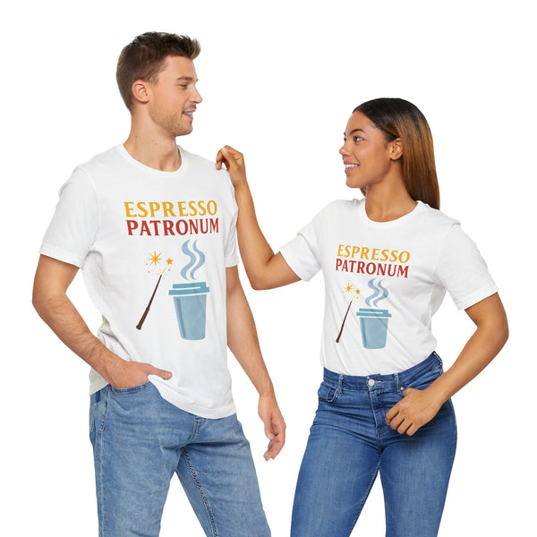 White graphic espresso-themed T-shirt with crew neck and short sleeves