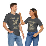 Two models wearing charcoal short-sleeve tees with gold repair slogan and tools graphic