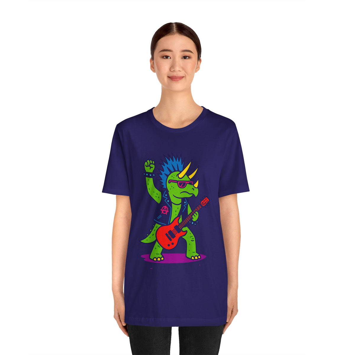 Dark purple crewneck T-shirt with green punk triceratops playing a red guitar graphic
