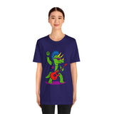 Dark purple crewneck T-shirt with green punk triceratops playing a red guitar graphic