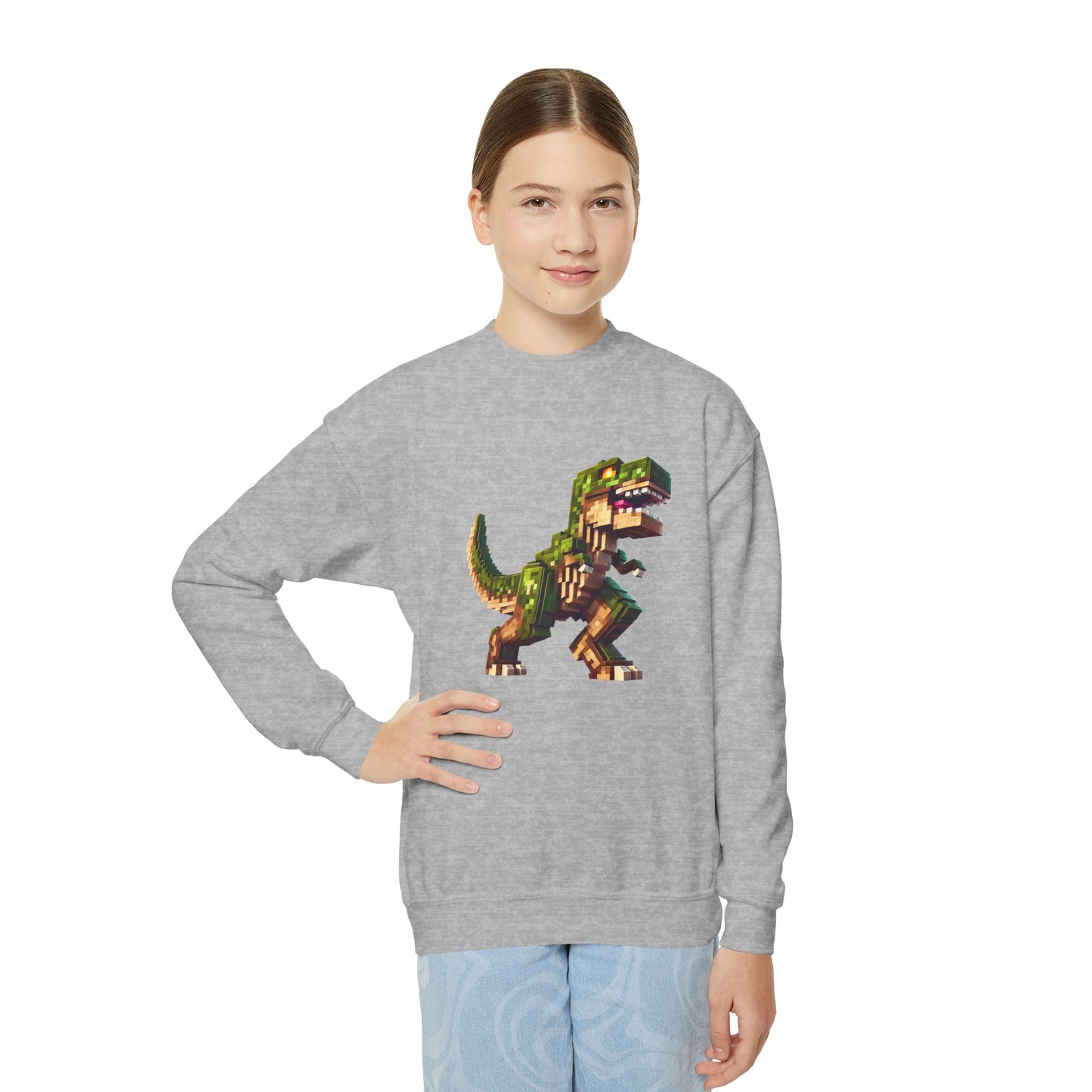 Pixel Dinosaur Youth Sweatshirt – Retro Pixel T-Rex Gamer Hoodie