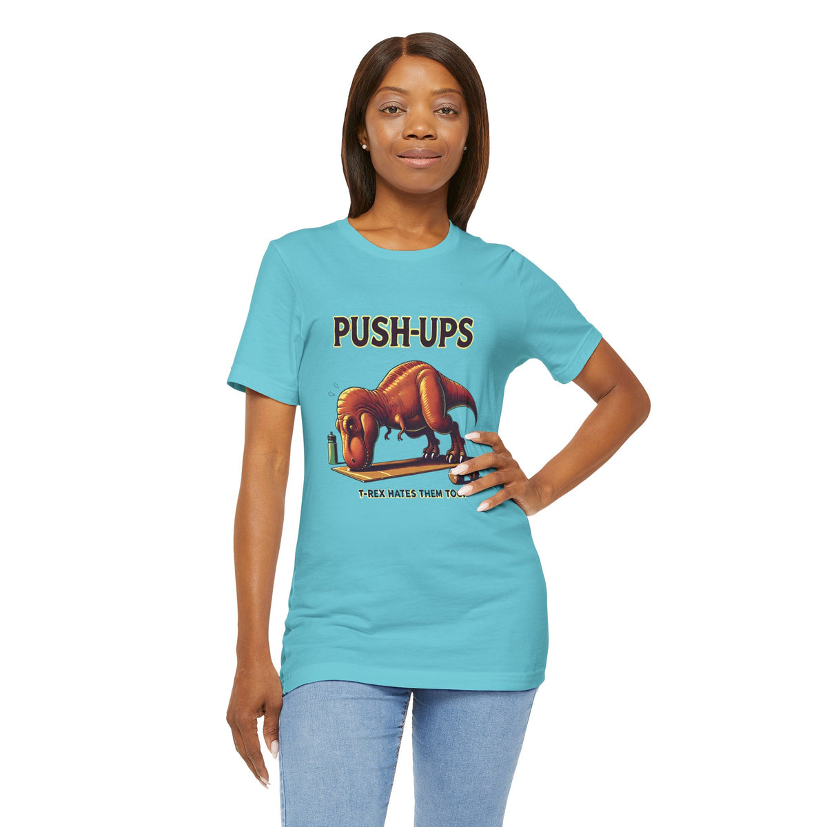 Turquoise T-shirt with T-rex 'Push-Ups' front graphic, side pose
