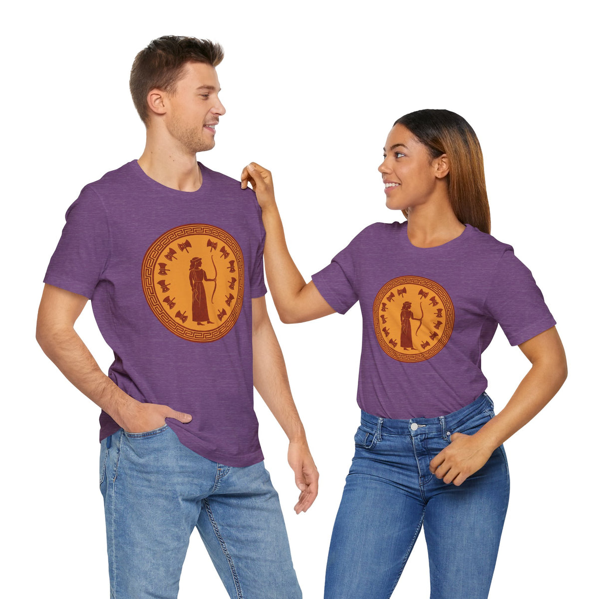 Two heather purple crew-neck t-shirts with orange circular graphic prints
