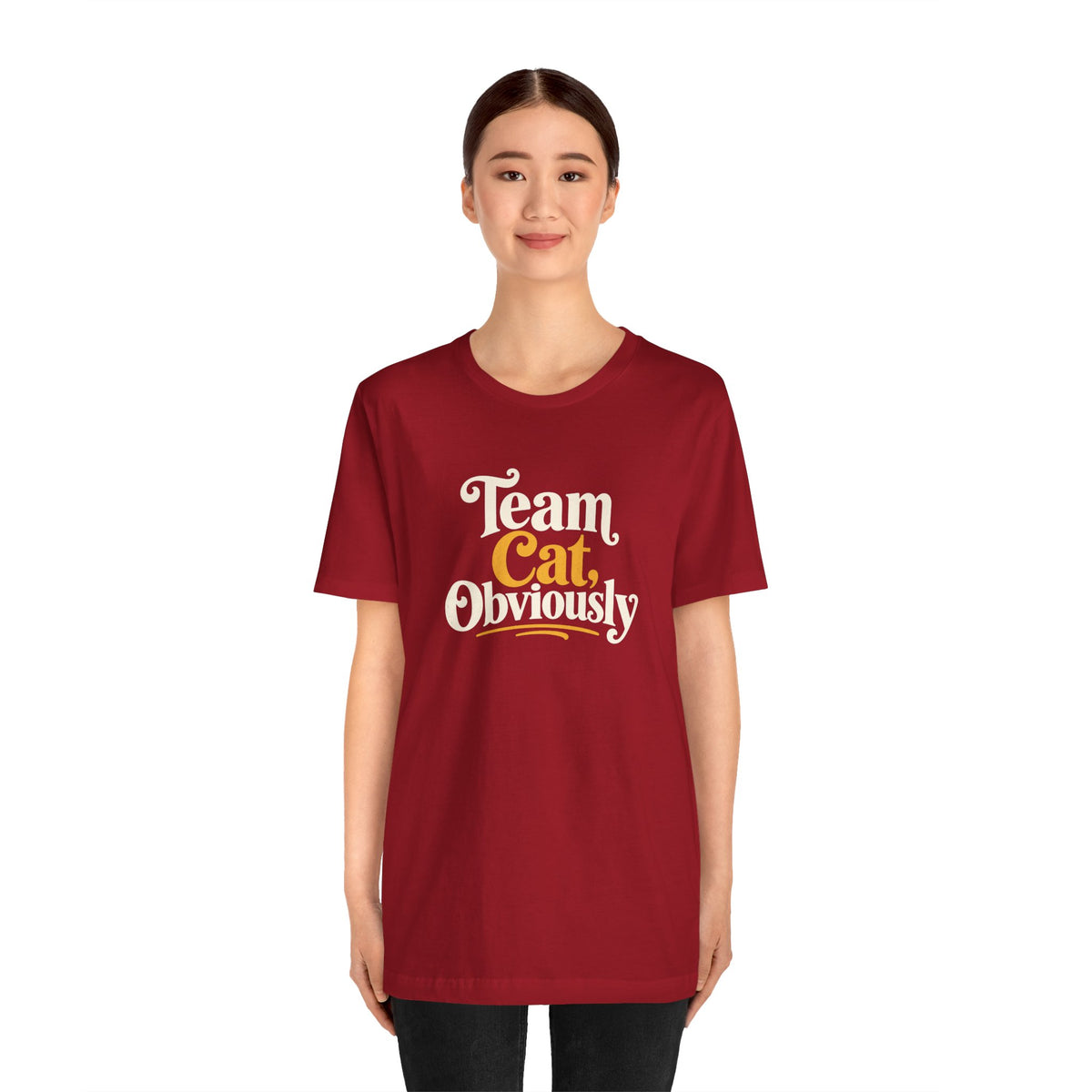 Red crew neck T-shirt with 'Team Cat, Obviously' slogan print across the chest.