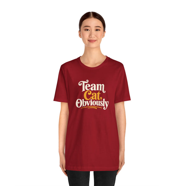 Red crew neck T-shirt with 'Team Cat, Obviously' slogan print across the chest.