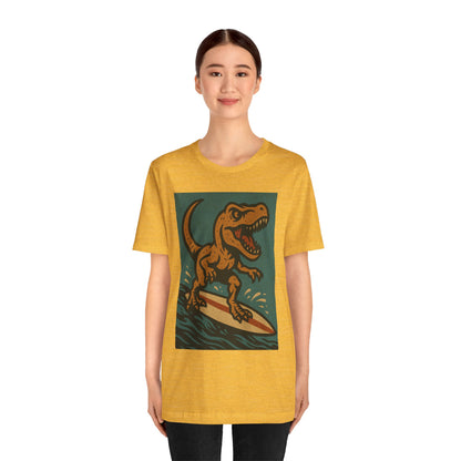 Surfing T-Rex T-Shirt – Funny Dinosaur Graphic Tee for Summer Vibes - WhimSpin - https://whimspin.com