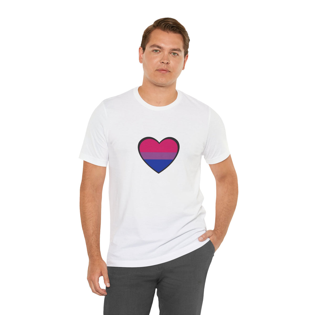 White T-shirt with centered bisexual pride flag heart graphic and crew neck.