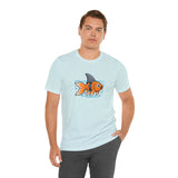Light blue T-shirt with orange fish graphic and shark-like fin