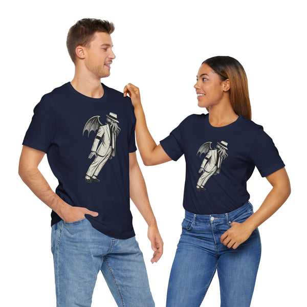 Navy short-sleeve T-shirt with front character graphic, worn by two people