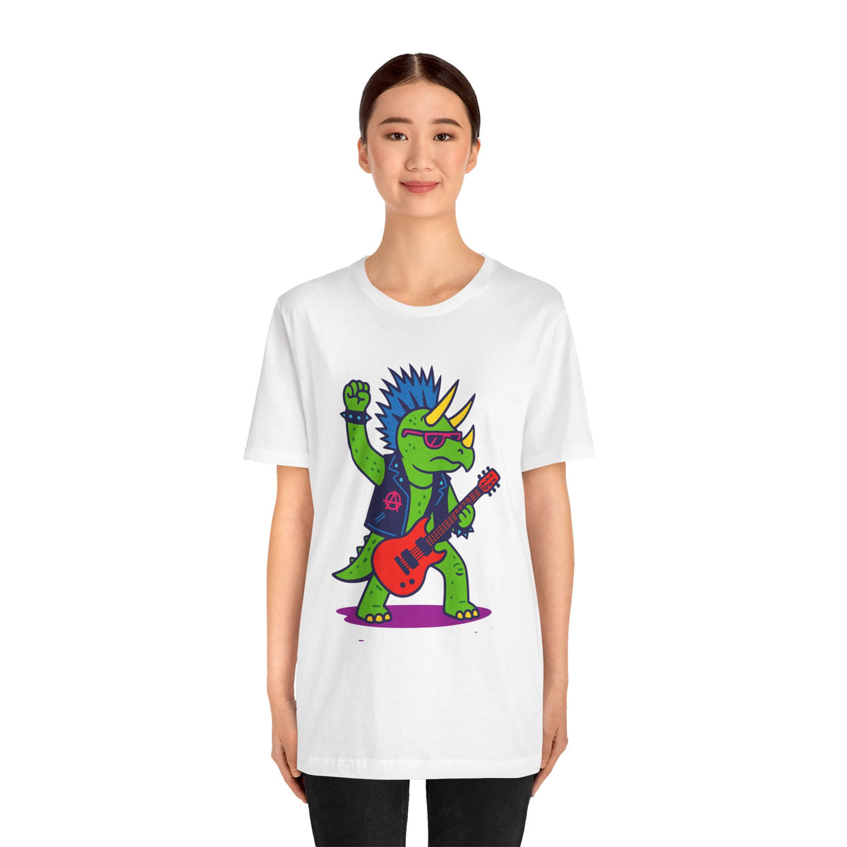 White crewneck T-shirt featuring a triceratops playing a red guitar in colorful punk style