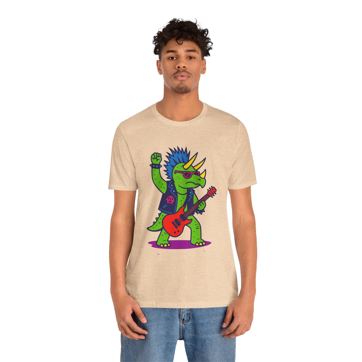 Adult tan graphic t-shirt with punk triceratops playing red guitar front print