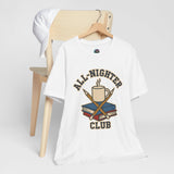 White short-sleeve t-shirt with “All-Nighter Club” coffee and books graphic on front