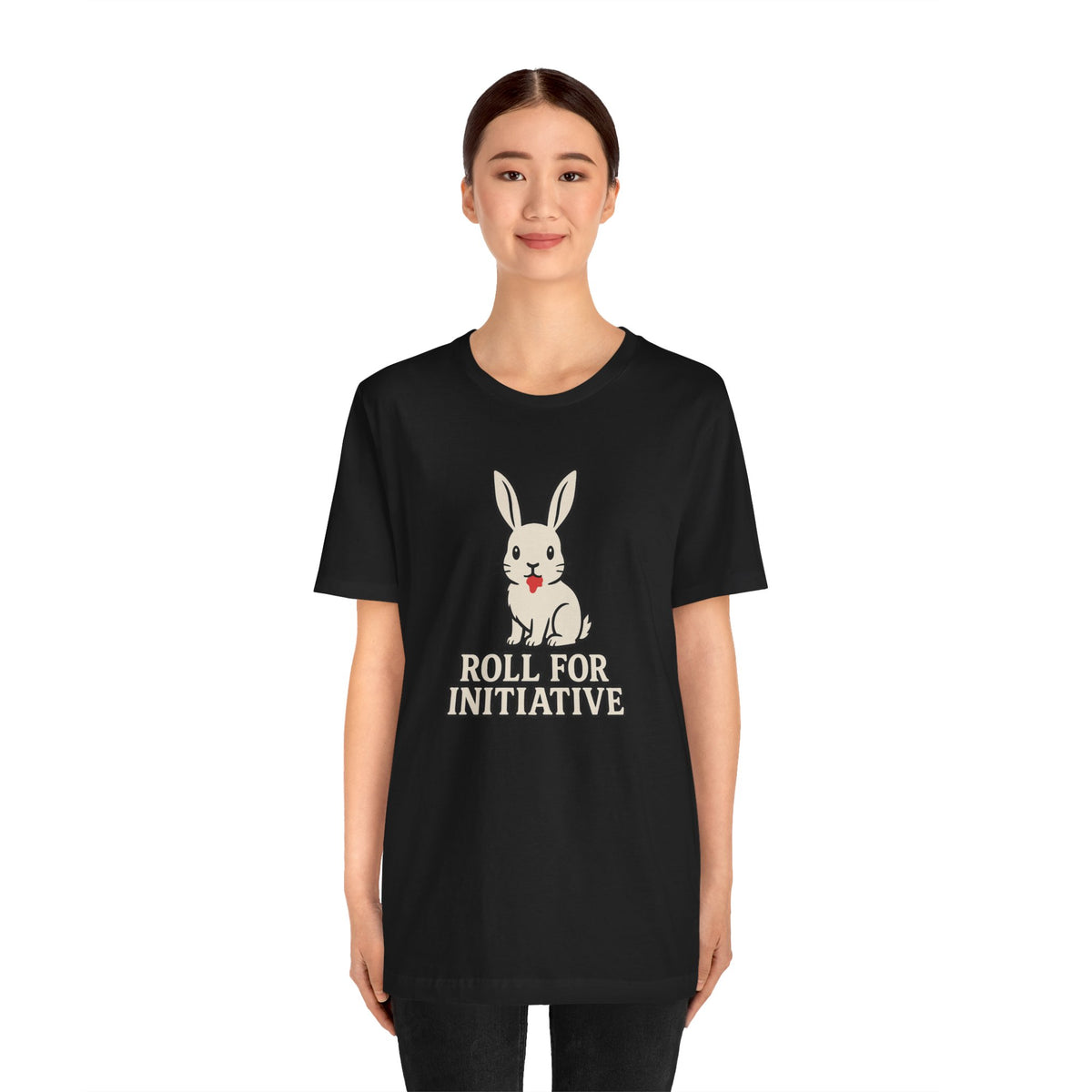 Black crew-neck t-shirt with centered bunny graphic and “Roll for Initiative” print.