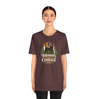 Introvert But Make It Candlelit T-shirt - Witchy Bookish Cat Tee