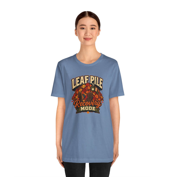 Steel blue crew-neck short-sleeve T-shirt with fall leaves “Recovery Mode” print