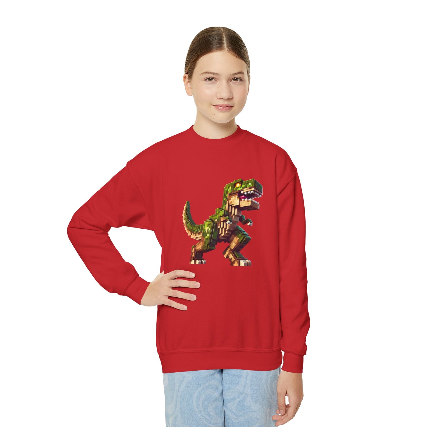 Pixel Dinosaur Youth Sweatshirt – Retro Pixel T-Rex Gamer Hoodie