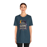 Deep teal crew-neck T-shirt with “Gloomy is a lifestyle choice” goth cat front print