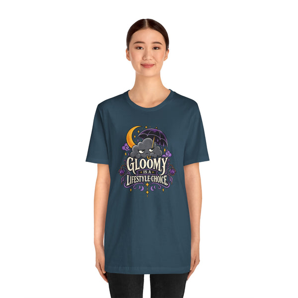 Deep teal crew-neck T-shirt with “Gloomy is a lifestyle choice” goth cat front print