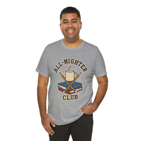 Heather gray crewneck T-shirt with All-Nighter Club coffee graphic on chest