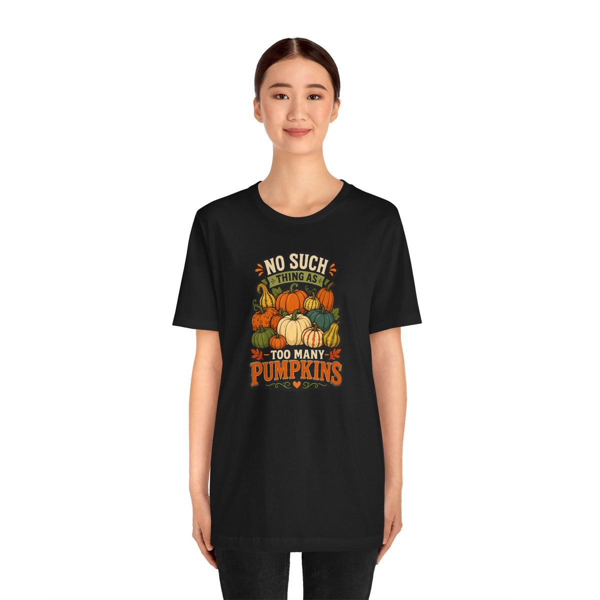 Black crewneck t-shirt with colorful pumpkin graphic and fall text front print