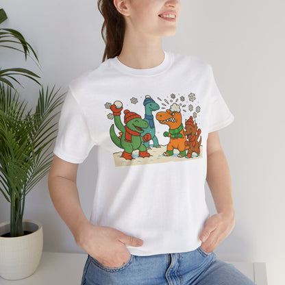 Dinosaur Snowball Fight T-Shirt – Funny Winter Dino Graphic Tee