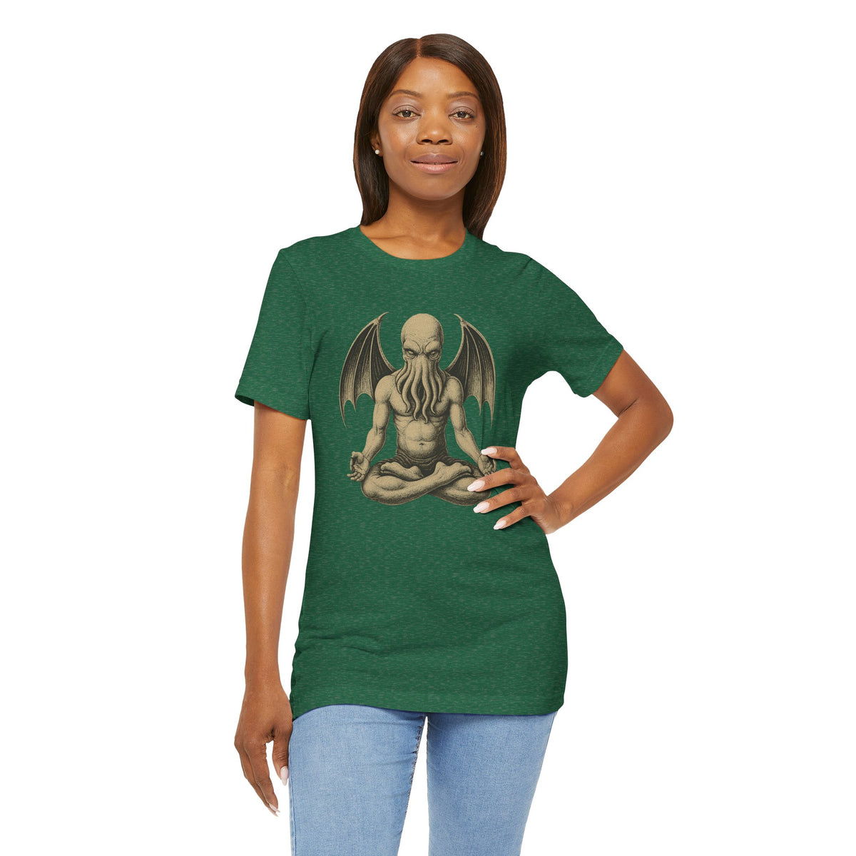 Green unisex T-shirt with meditating monster graphic and bat-like wings design
