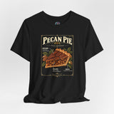 Black short-sleeve crewneck T-shirt with colorful pecan pie anatomy graphic print
