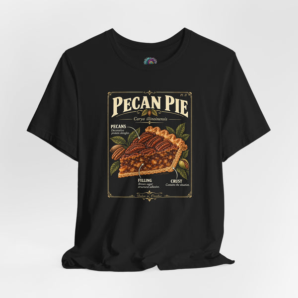 Black short-sleeve crewneck T-shirt with colorful pecan pie anatomy graphic print