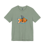 Sage green T-shirt with cartoon goldfish-and-shark graphic on the chest