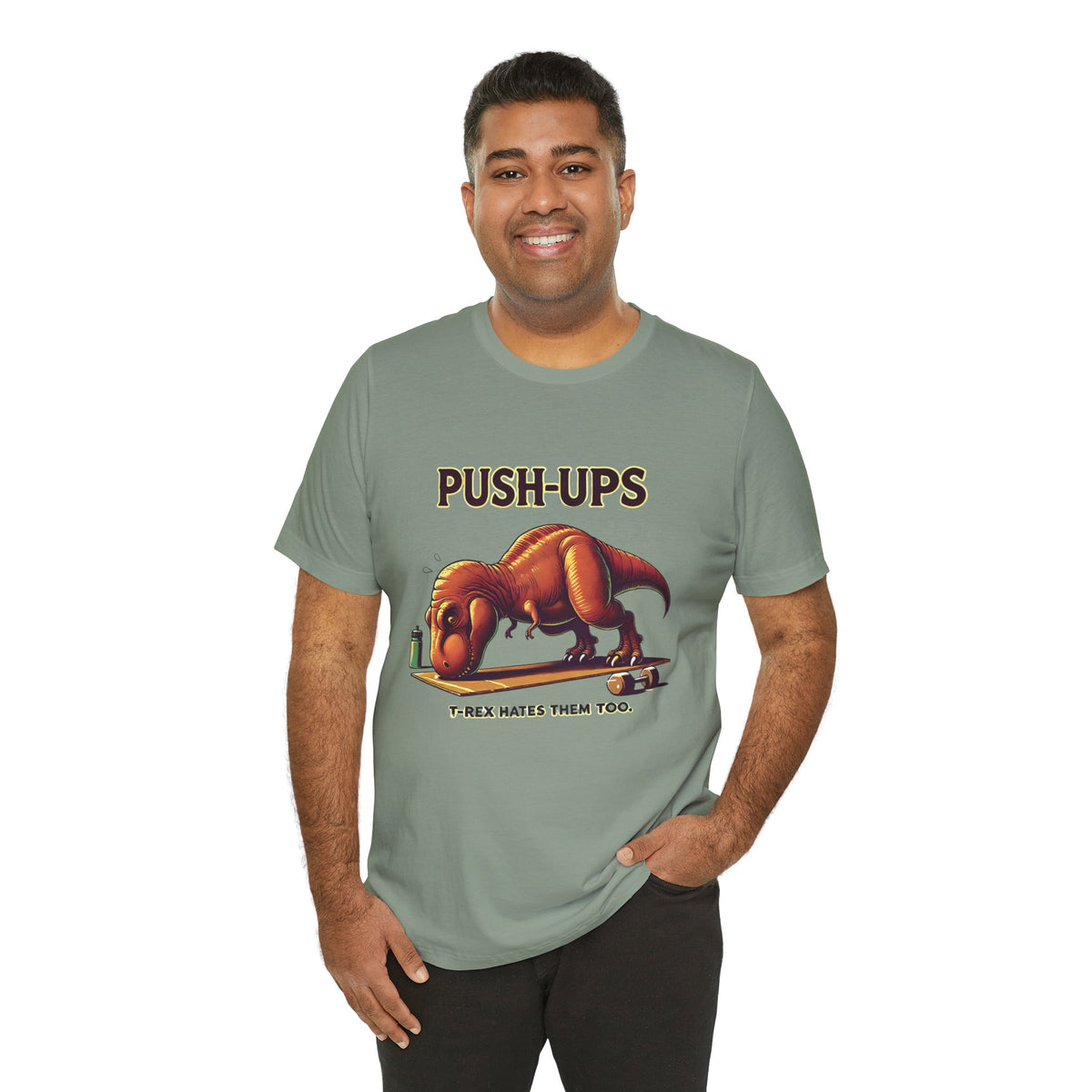 Green graphic T-shirt with T-rex “Push-ups” workout slogan print