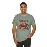 Green graphic T-shirt with T-rex “Push-ups” workout slogan print