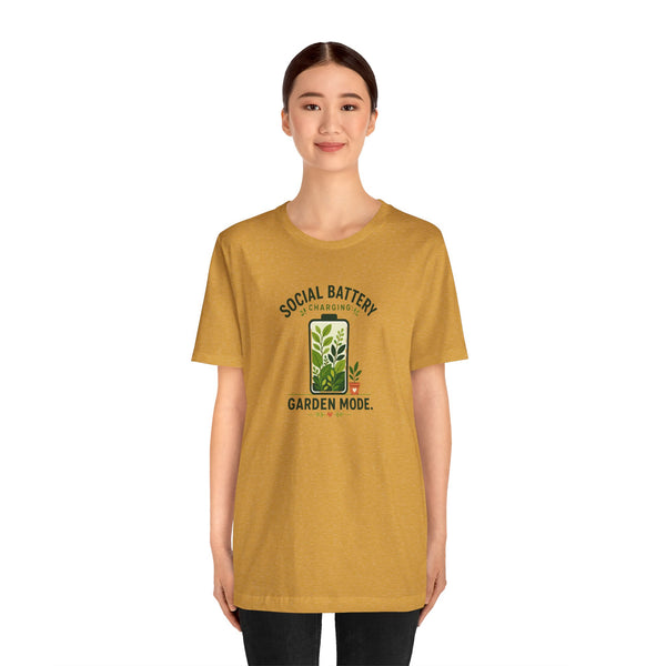Mustard yellow crewneck T-shirt with centered plant icon and “Garden Mode” lettering.