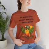 Rust parrot graphic t-shirt with alarm text and seated bird illustration.