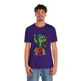 Purple crewneck graphic dinosaur t-shirt with triceratops playing guitar, worn by man