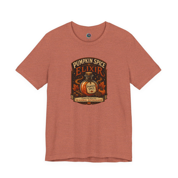 Rust brown crew-neck T-shirt with Pumpkin Spice Elixir front graphic