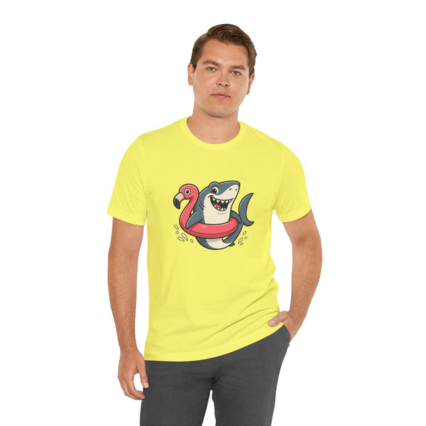 Lime yellow crewneck T-shirt with shark and flamingo float graphic, male model wearing